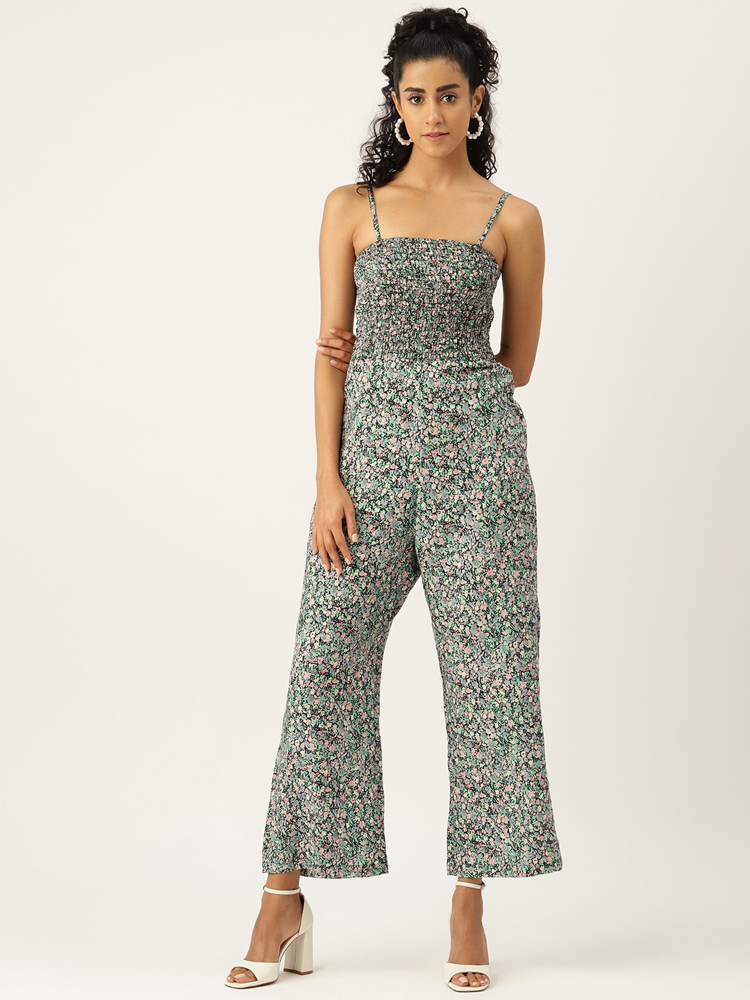 

Sleek Italia Printed Smocked Basic Jumpsuit, Green