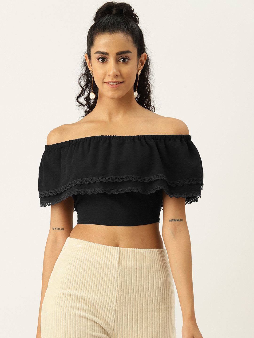 

Sleek Italia Black Off-Shoulder Flutter Sleeve Layered Crepe Bardot Crop Top