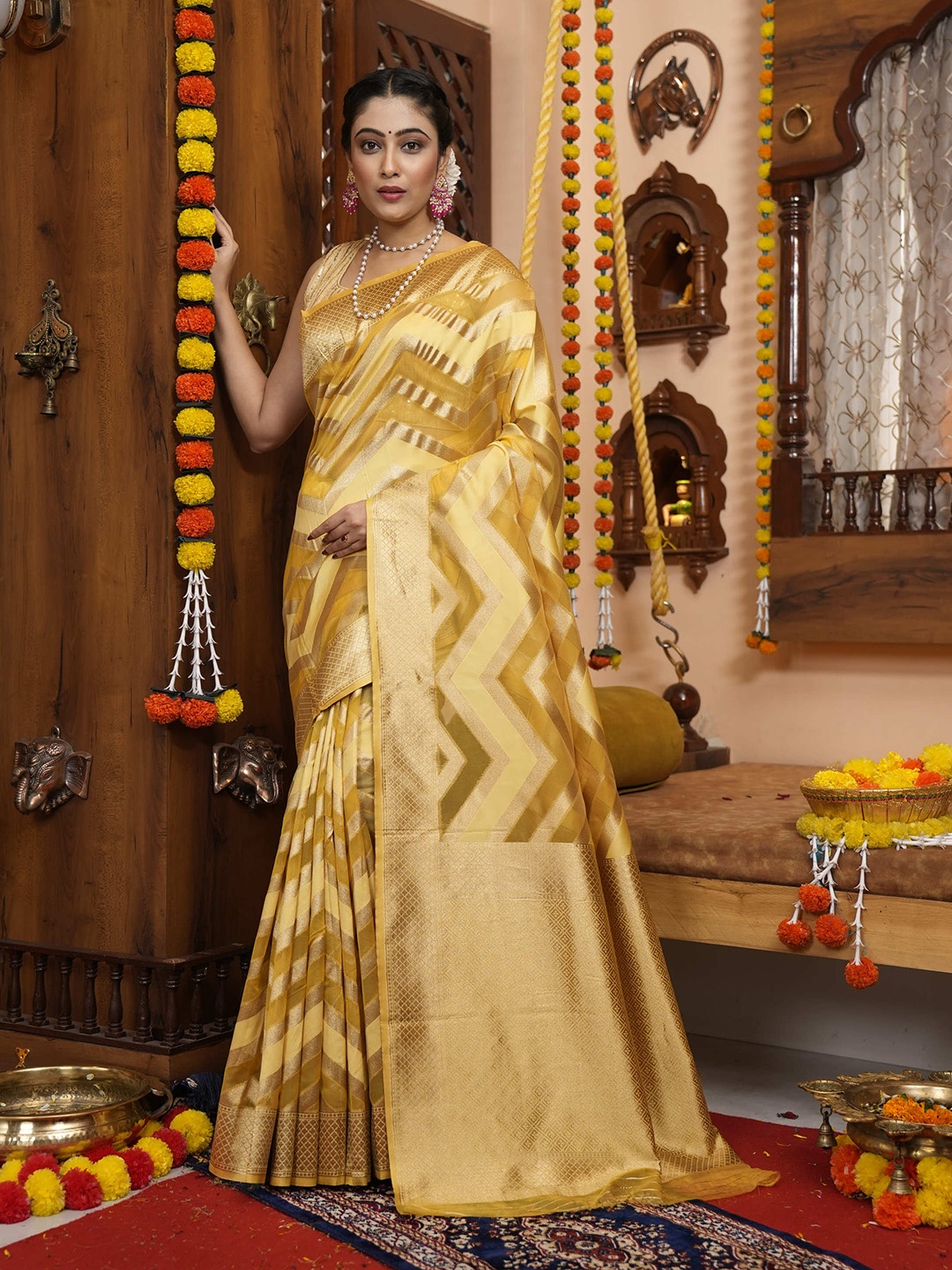 

elora Chevron Woven Design Zari Organza Bhagalpuri Saree, Mustard