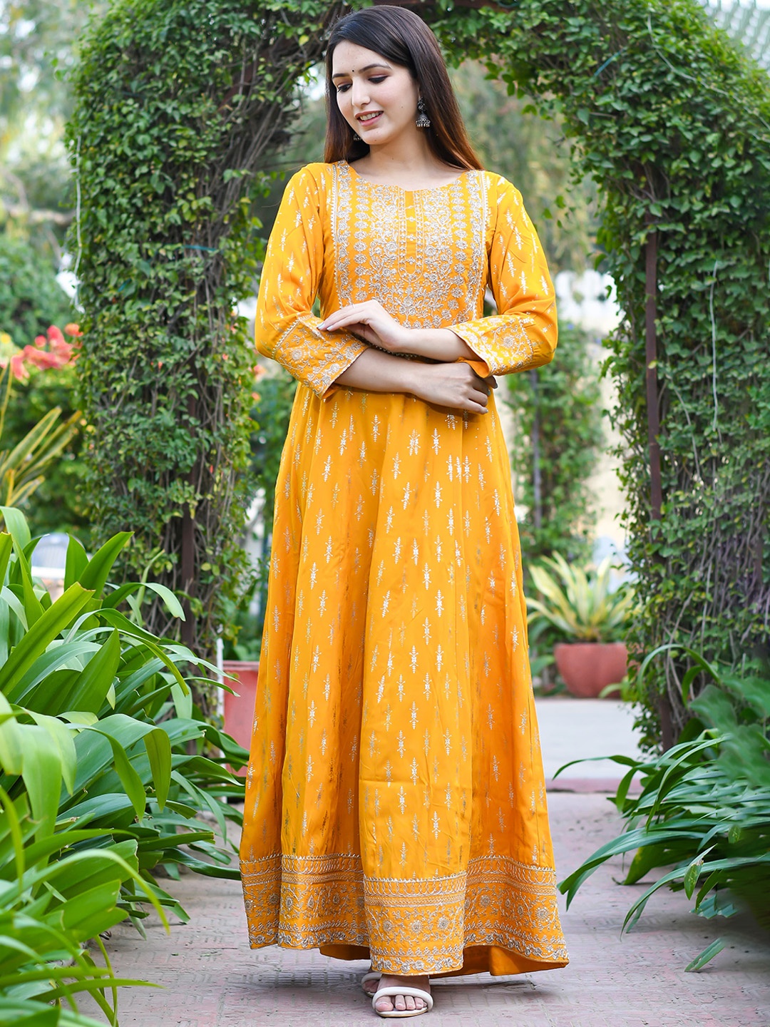 

Ramas Printed Embroidered Maxi A-Line Ethnic Dress, Mustard