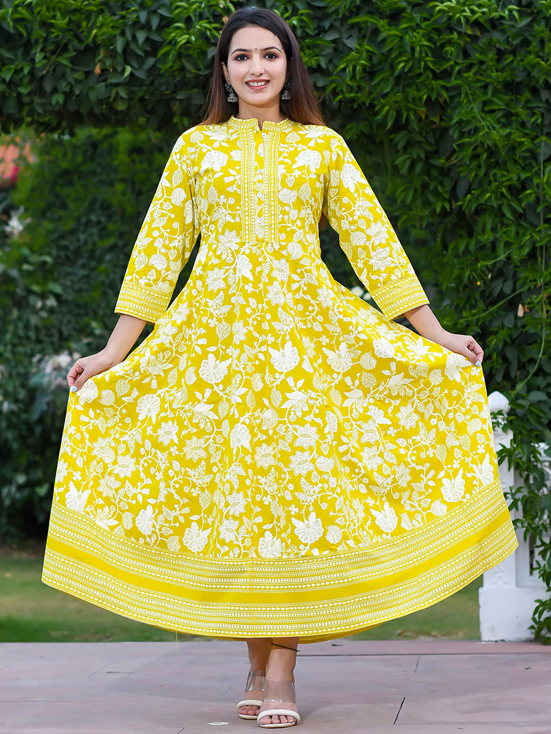 

Ramas Floral Printed Mandarin Collar Maxi Cotton A-Line Ethnic Dress, Yellow