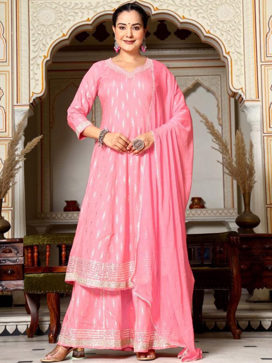 

Ramas Ethnic Motifs Printed Kurta With Sharara & Dupatta, Pink