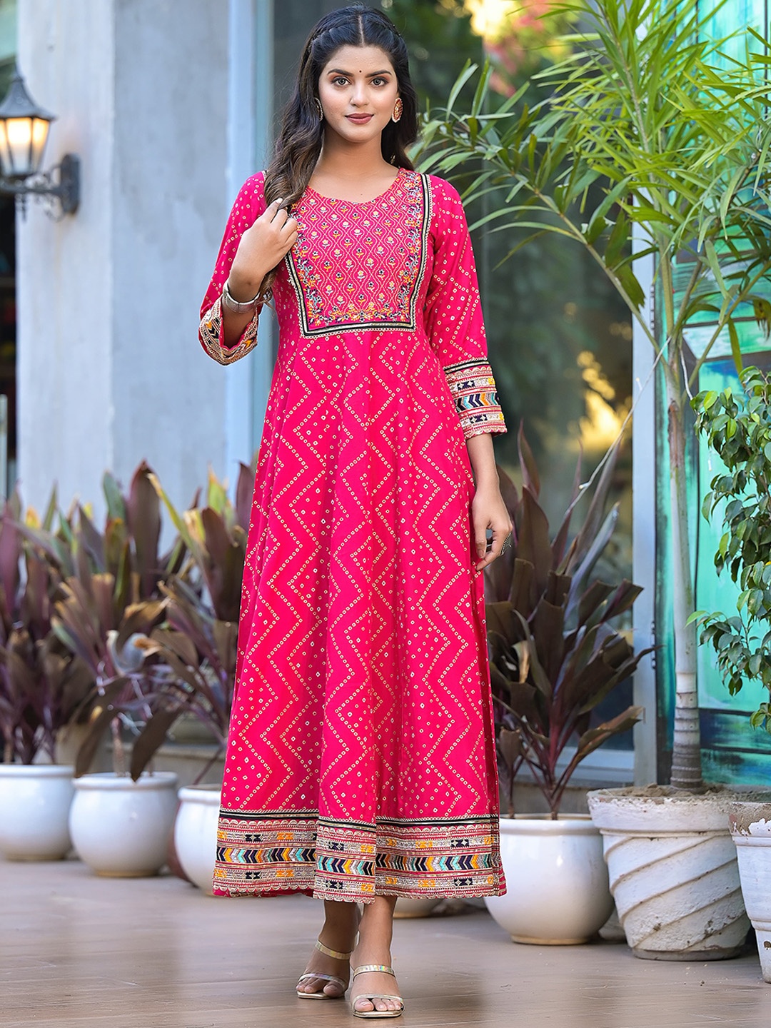

Ramas Printed Maxi Embroidered A-Line Ethnic Dress, Pink
