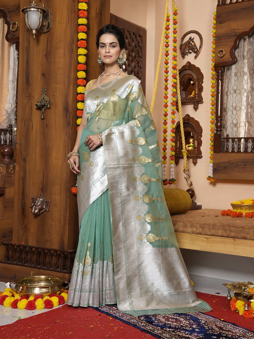 

elora Ethnic Motif Woven Design Zari Organza Bhagalpuri Saree, Sea green