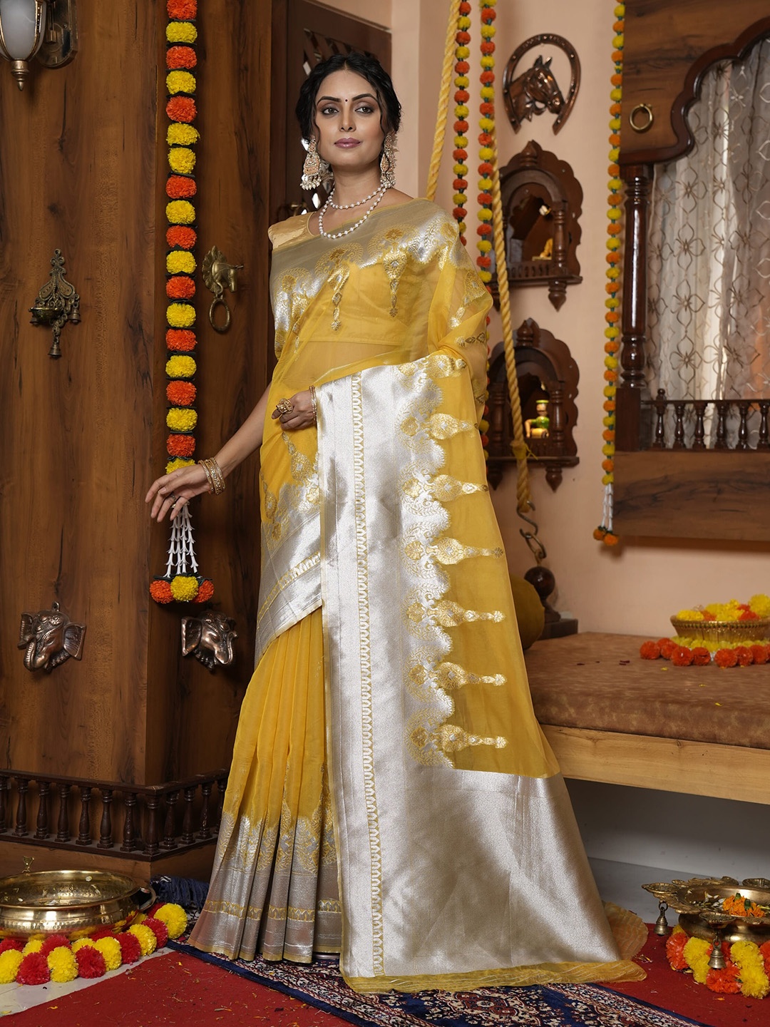 

elora Ethnic Motif Woven Design Zari Organza Bhagalpuri Saree, Yellow