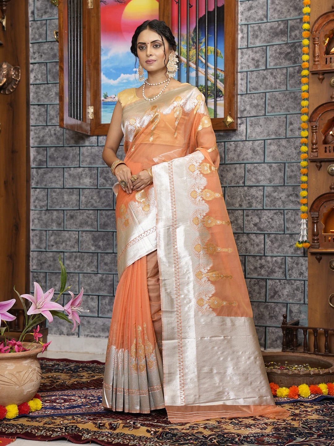 

elora Ethnic Woven Design Zari Organza Bhagalpuri Saree, Orange