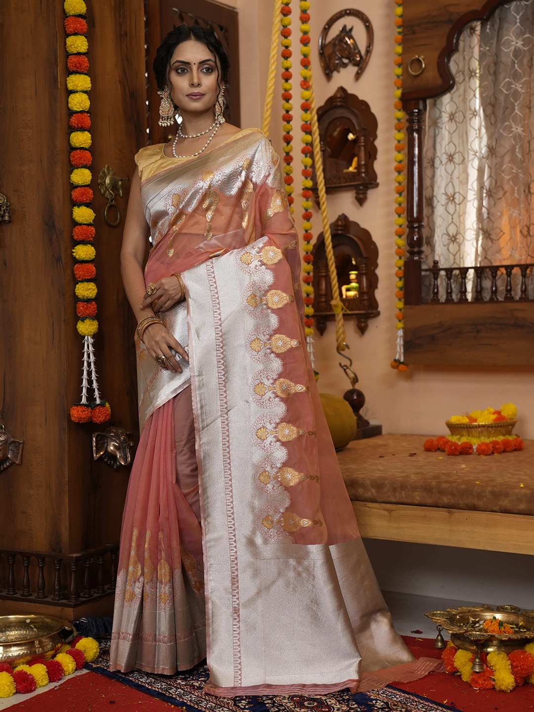 

elora Ethnic Woven Design Zari Organza Bhagalpuri Saree, Peach