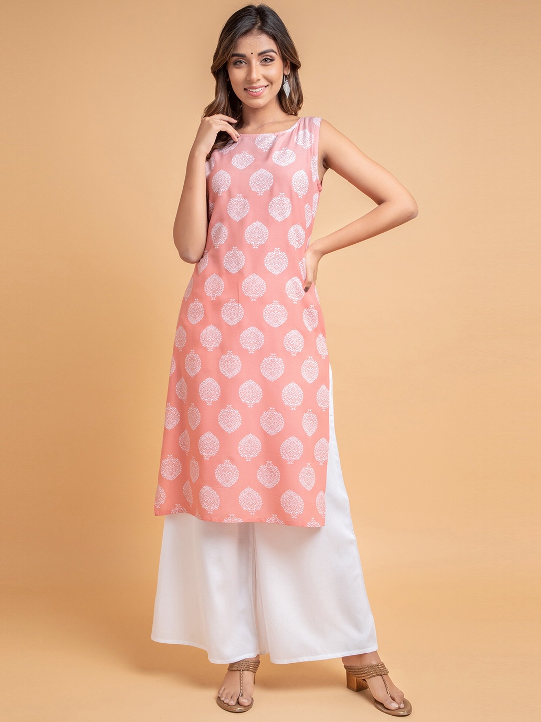 

SUTI Ethnic Motifs Printed Sleeveless Kurta, Peach