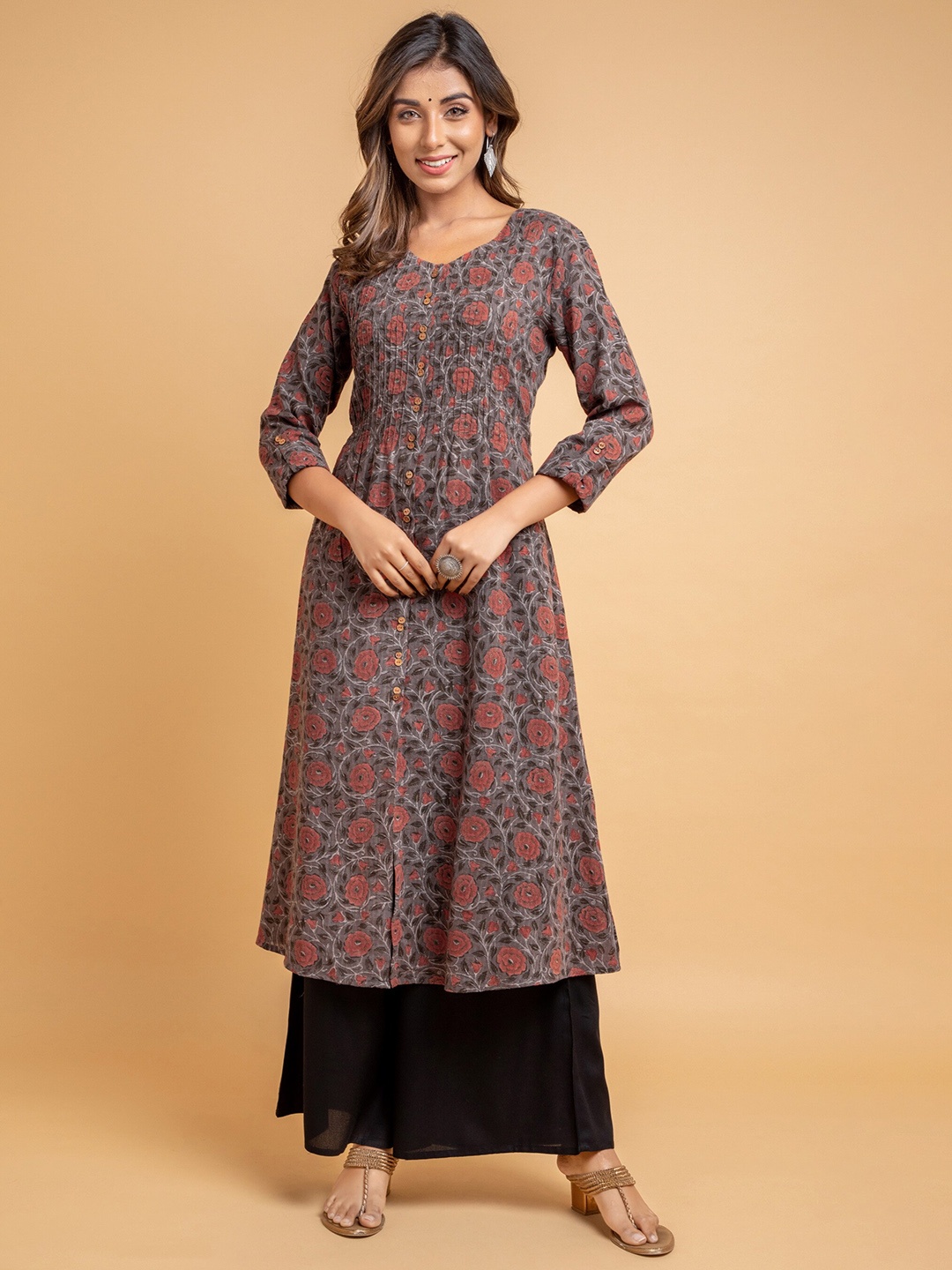 

SUTI Ethnic Motifs Printed Cotton A-Line Kurta, Brown