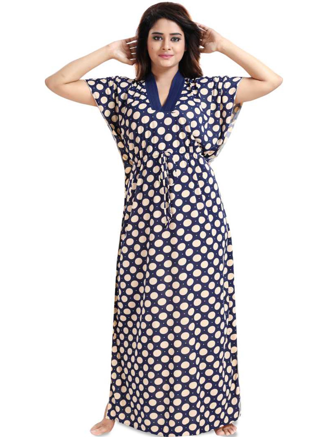 

SHOPPING STATION Polka Dots Printed Satin Maxi Kaftan Nightdress, Blue