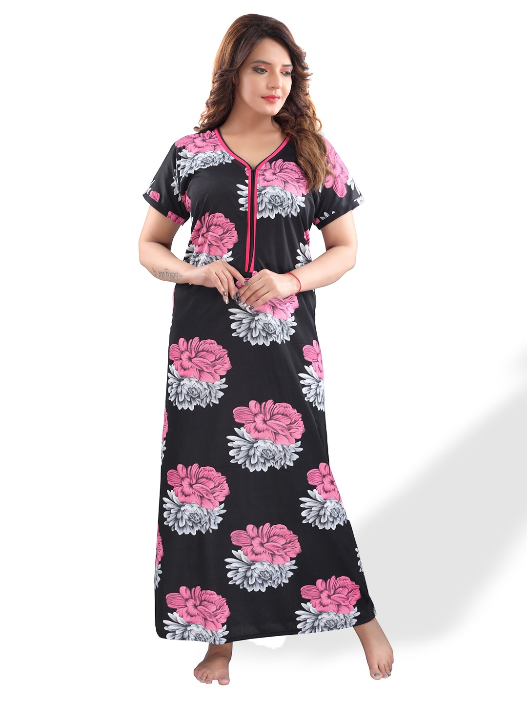 

SHOPPING STATION Floral Printed Satin Maxi Nightdress, Black