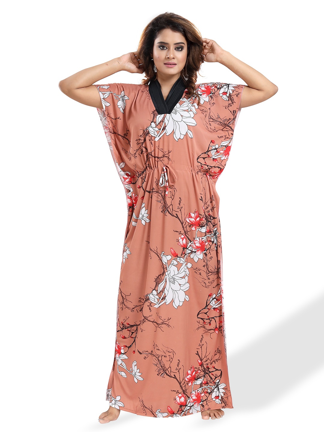 

SHOPPING STATION Floral Printed Satin Maxi Kaftan Nightdress, Beige