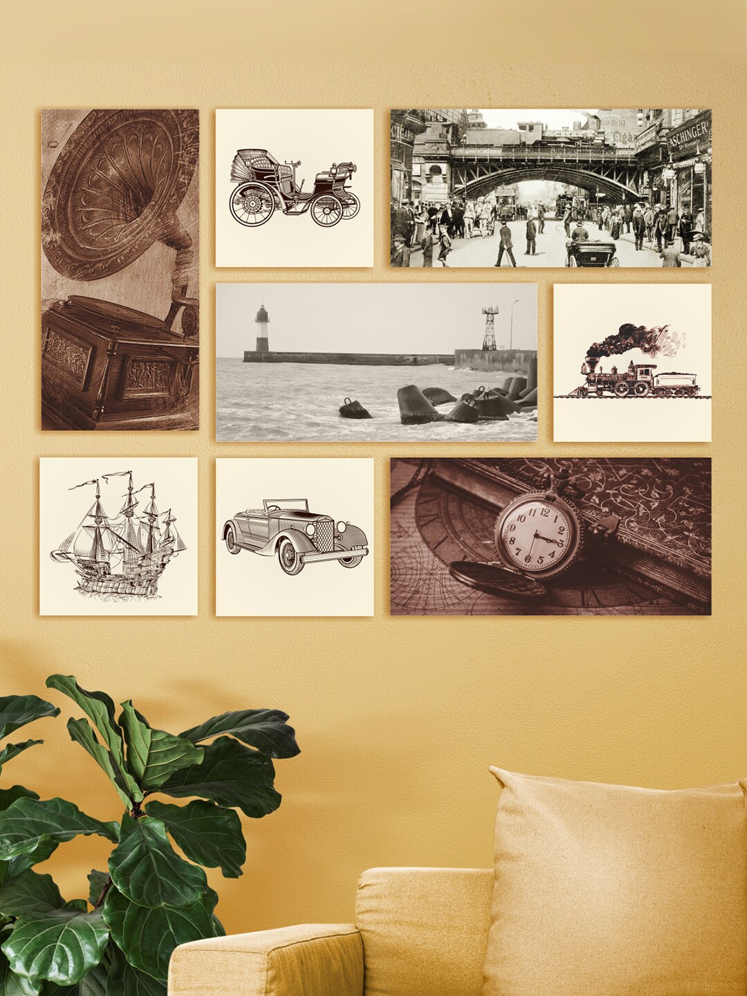 

PAPER PLANE DESIGN White & Brown 8 Pieces Vintage Canvas Painting Frames Wall Art