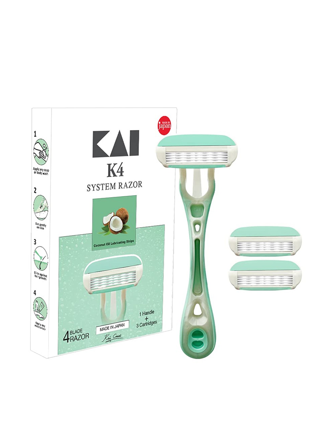 

KAI Women K4 4 Blade System Body Razor With 1 Handle & 3 Cartridges, Green