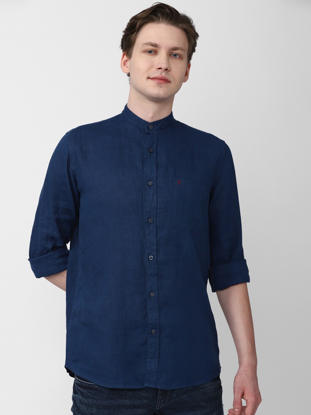 

Van Heusen Sport Band Collar Linen Casual Shirt, Navy blue