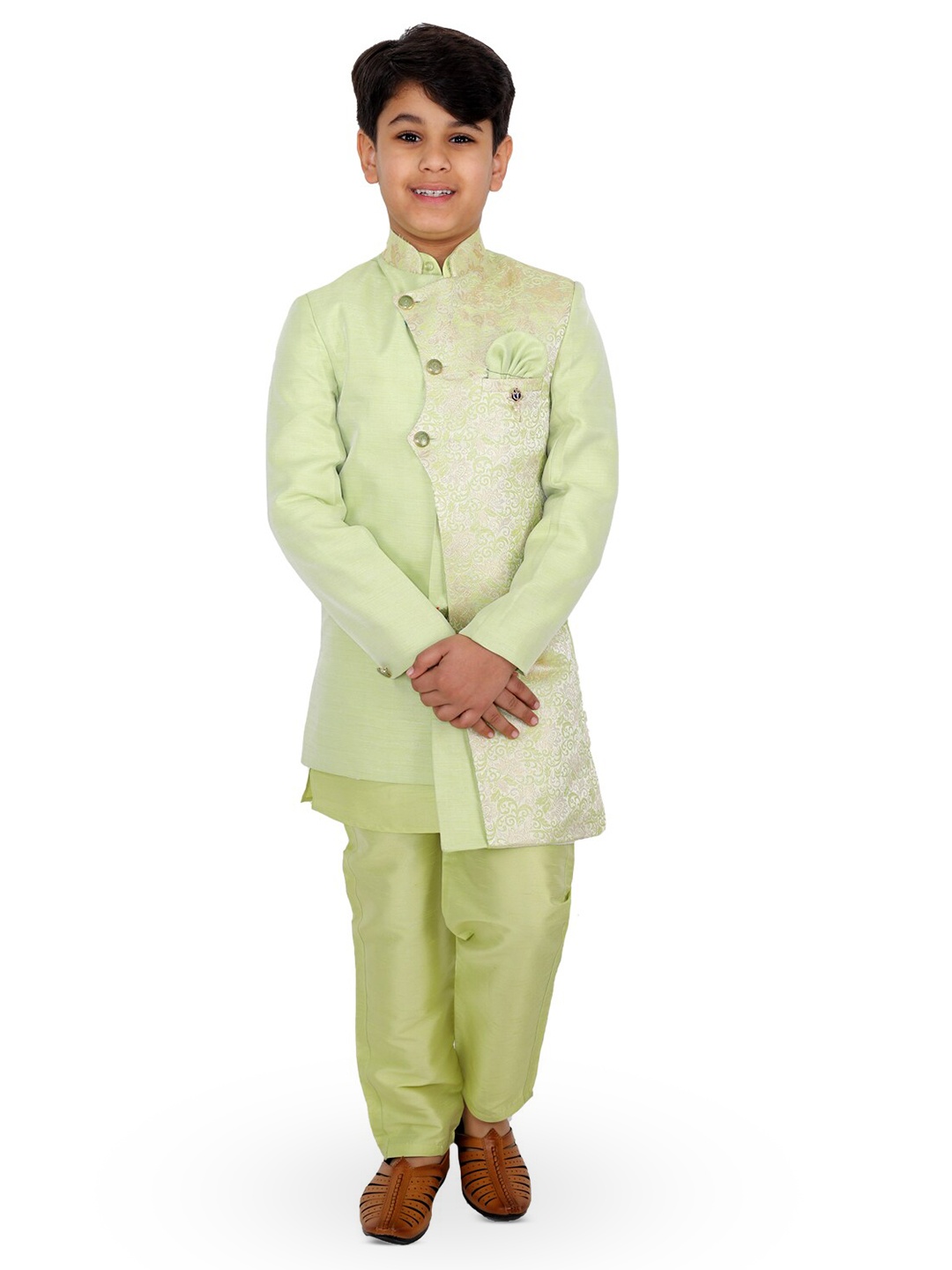 

FOURFOLDS Woven Design Sherwani & Trouser Set, Green