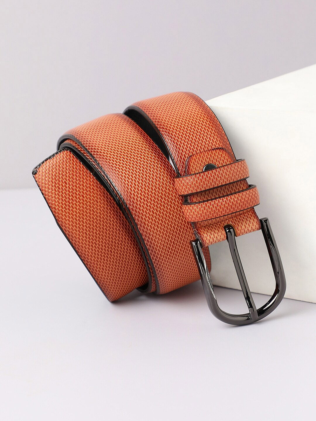 

French Accent Men Textured PU Formal Belt, Brown