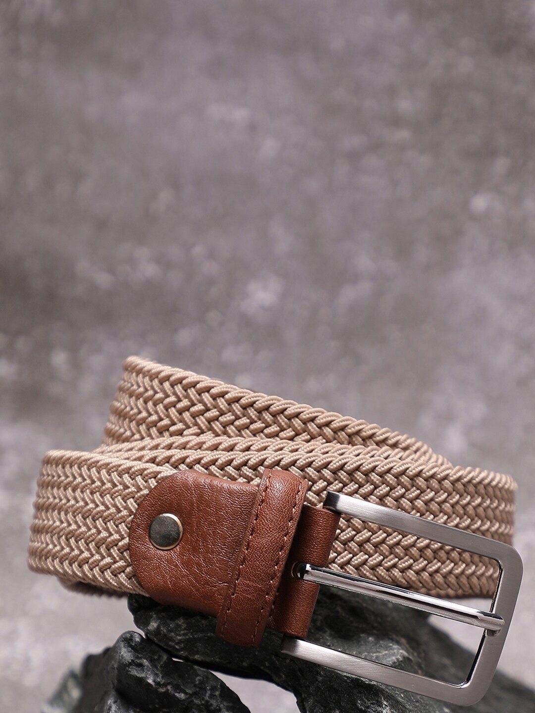 

French Accent Men Textured Slim Belt, Beige