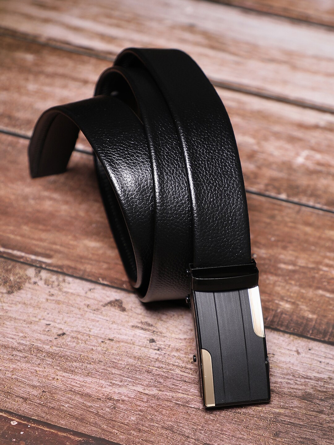 

French Accent Men PU Slim Formal Belt With Slider Buckle, Black