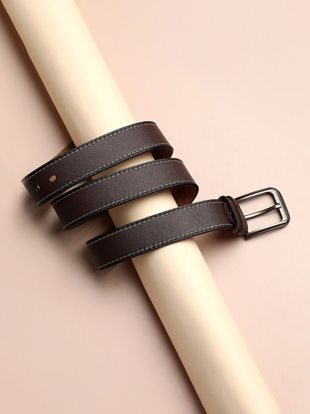 

French Accent Men Textured PU Formal Belt, Coffee brown
