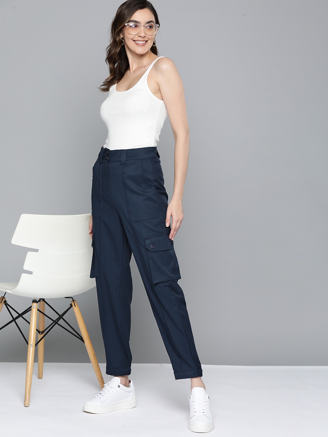 

Mast & Harbour Women Relaxed High-Rise Pleated Cargos Trousers, Navy blue