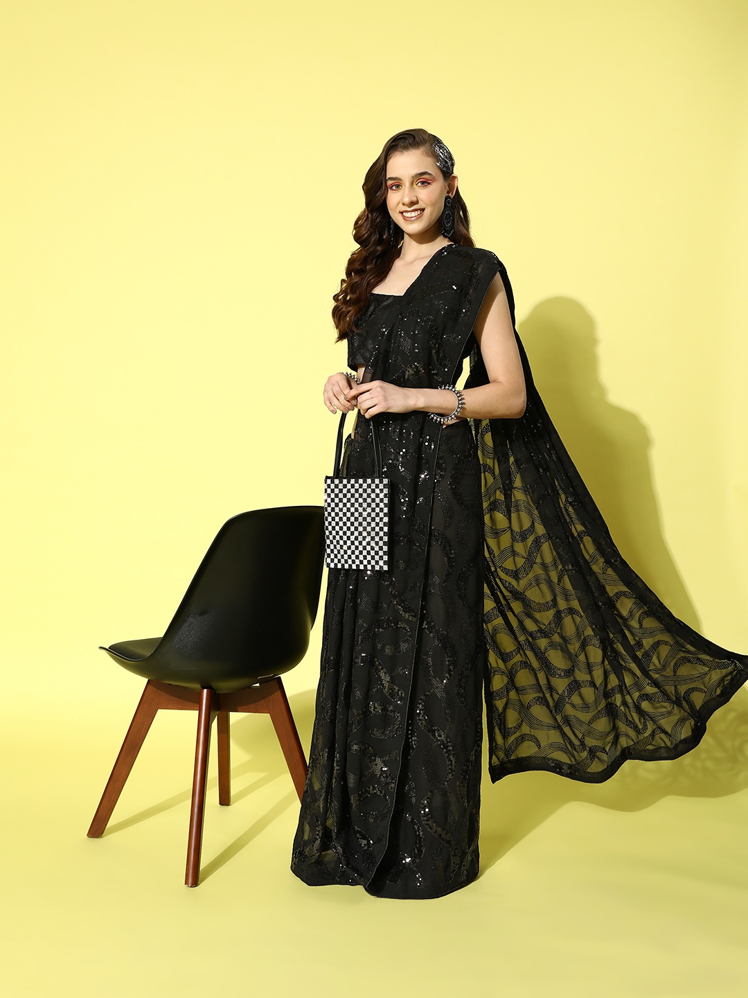 

Saree mall Woven Design Sequinned Pure Georgette Saree, Black