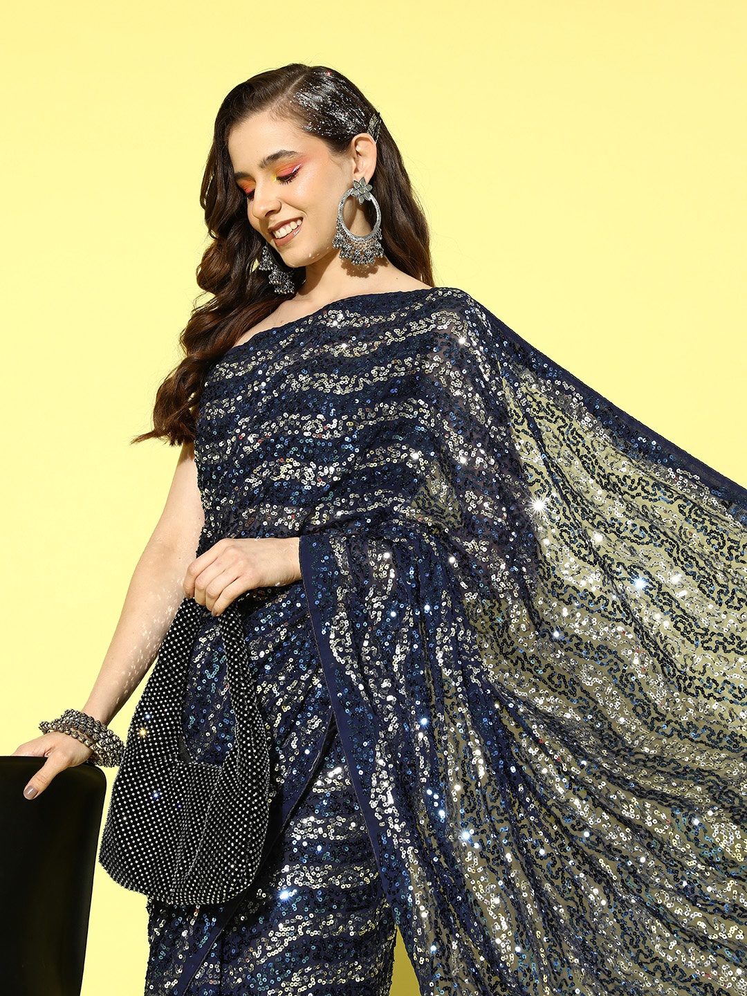 

Saree mall Leheriya Sequinned Pure Georgette Saree, Navy blue