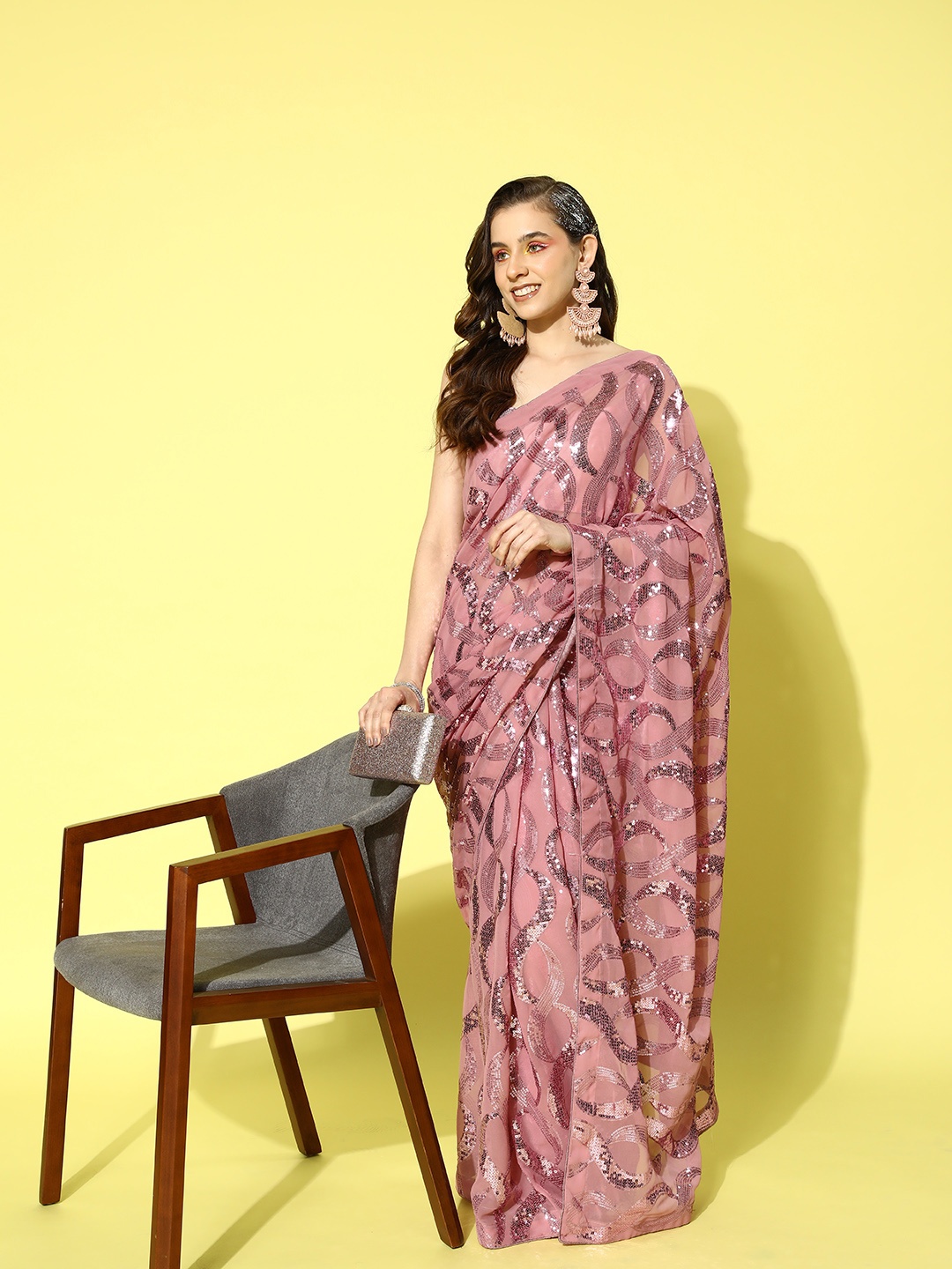 

Saree mall Embellished Sequinned Pure Georgette Saree, Mauve