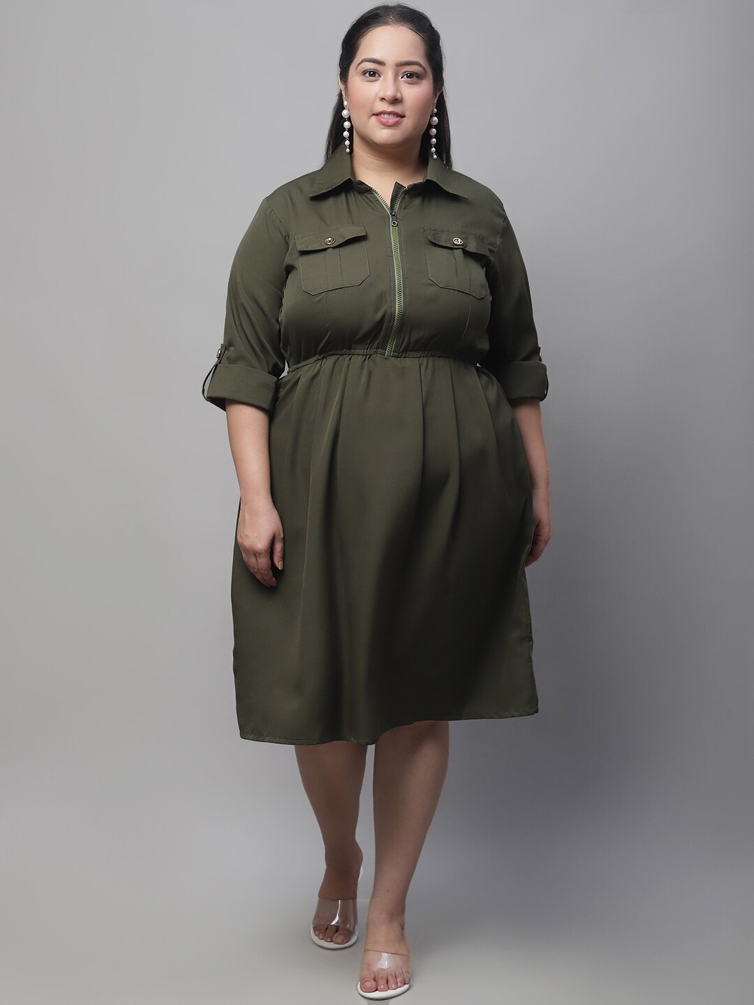 

Flambeur Plus Size Shirt Collar Roll Up Sleeves Crepe A-Line Dress, Olive