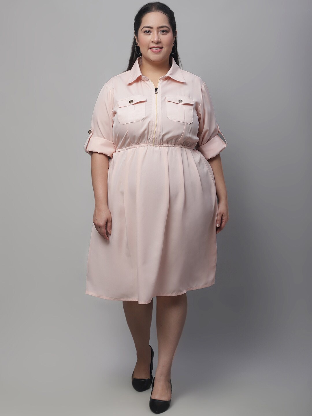 

Flambeur Plus Size Shirt Collar Roll Up Sleeves Crepe A-Line Dress, Beige