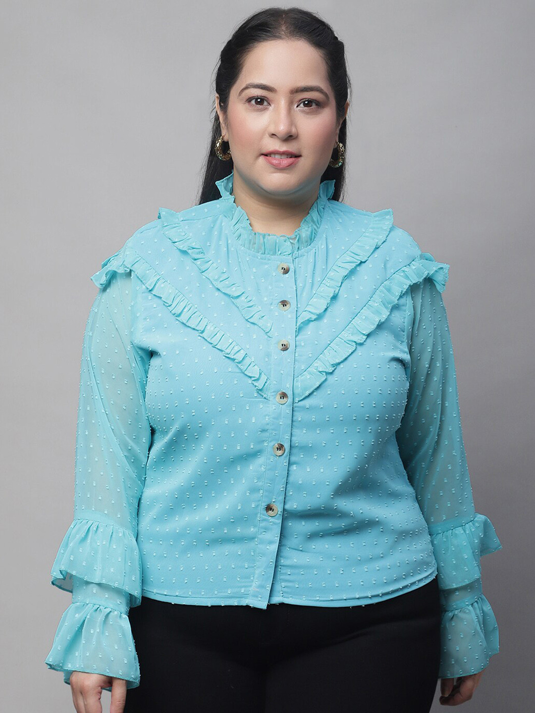 

Flambeur Plus Size Self Design Mandarin Collar Bell Sleeve Shirt Style Top, Blue