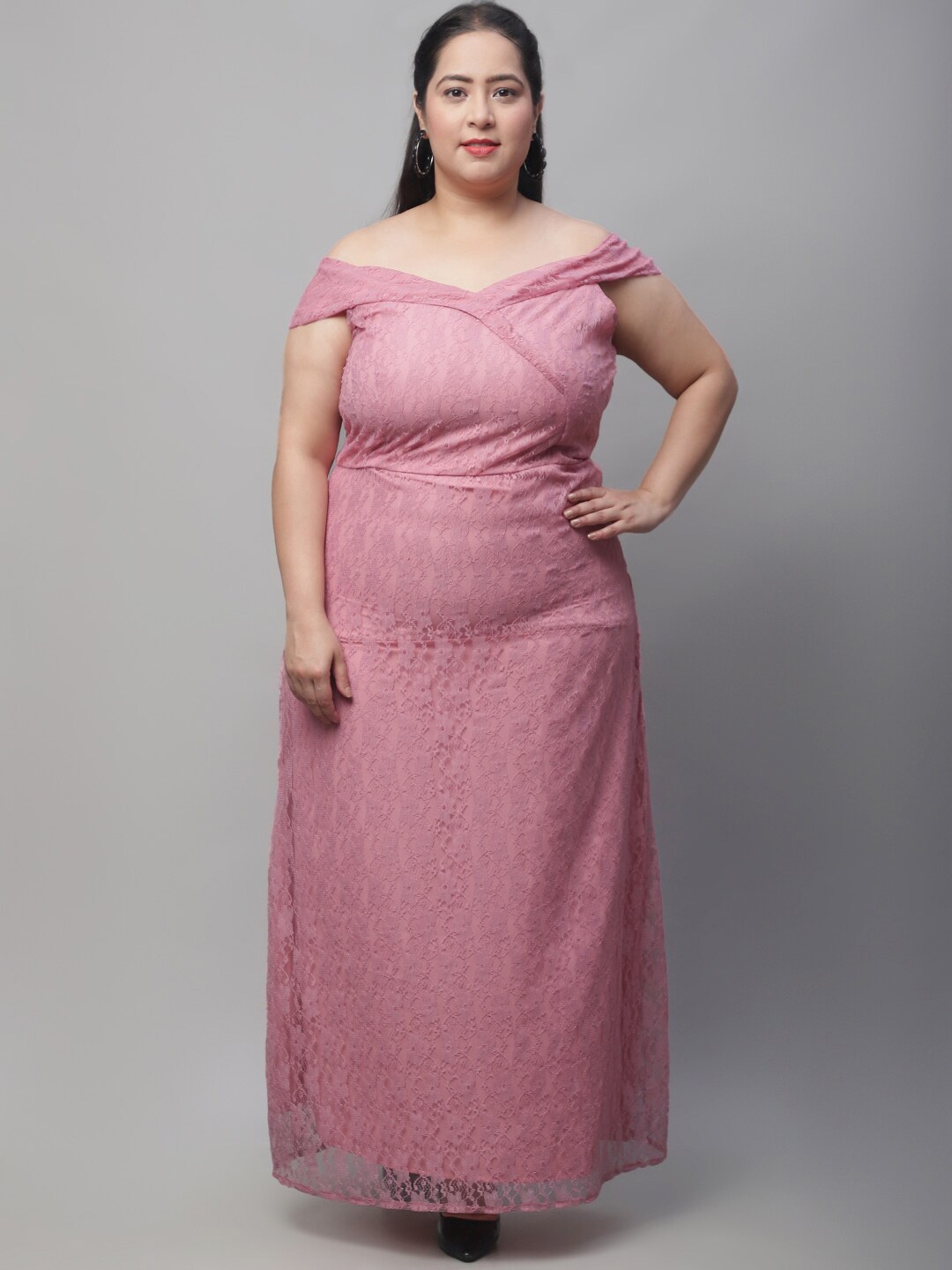 

Flambeur Plus Size Self Design Off-Shoulder Net Maxi Dress, Pink