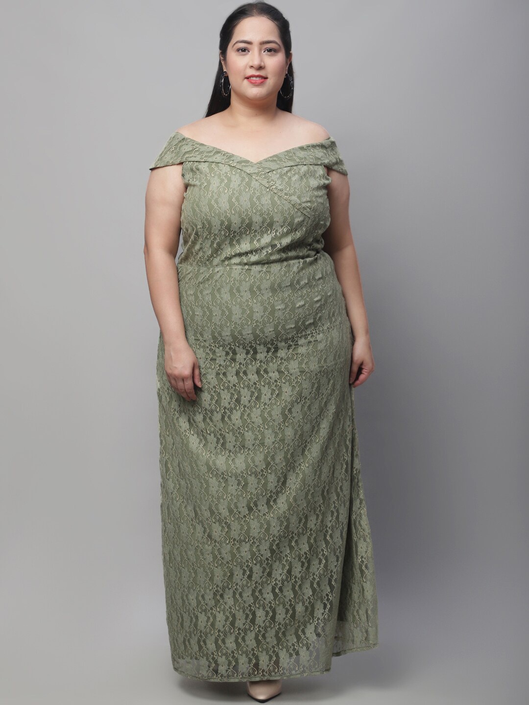 

Flambeur Plus Size Self Design Off-Shoulder Net Maxi Dress, Pink