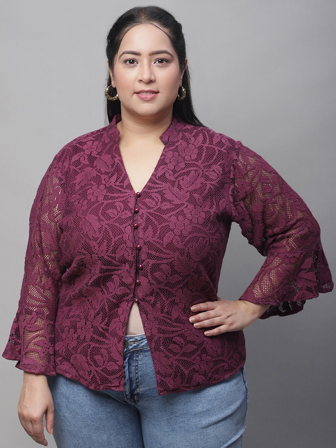 

Flambeur Plus Size Self Design V-Neck Shirt Style Top, Magenta