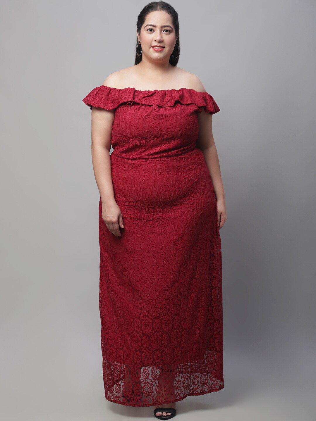 

Flambeur Plus Size Self Design Off-Shoulder Ruffles Details Net Maxi Dress, Maroon