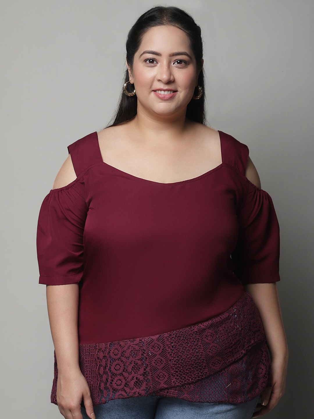 

Flambeur Plus Size Cold-Shoulder Top, Maroon
