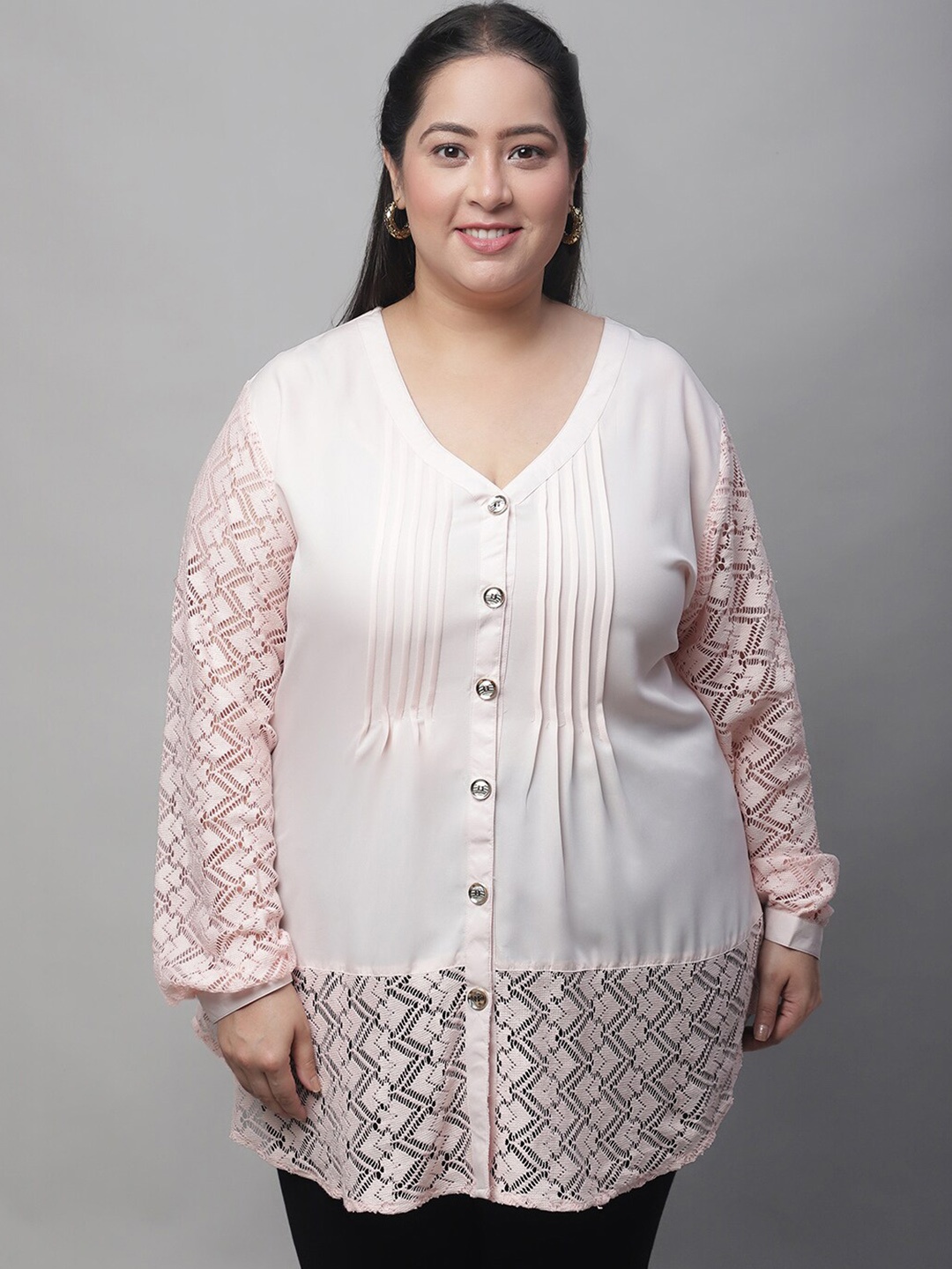 

Flambeur Plus Size Self Design Shirt Style Top, Beige