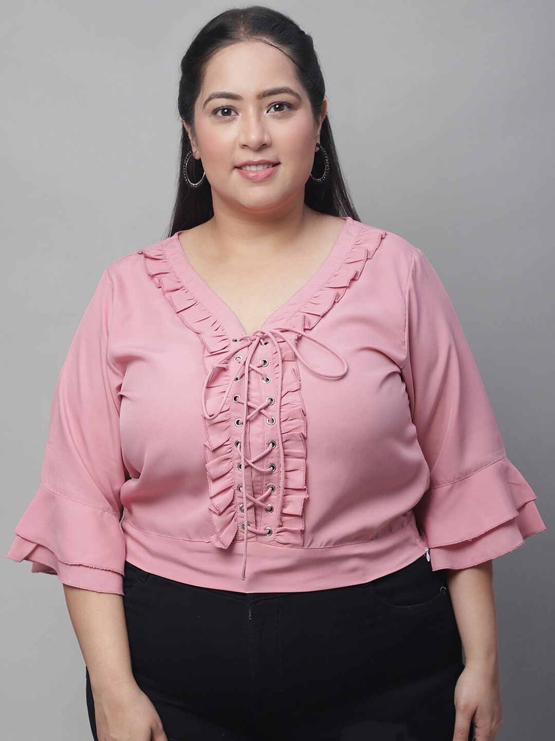 

Flambeur Plus Size Bell Sleeve Ruffled Top, Pink