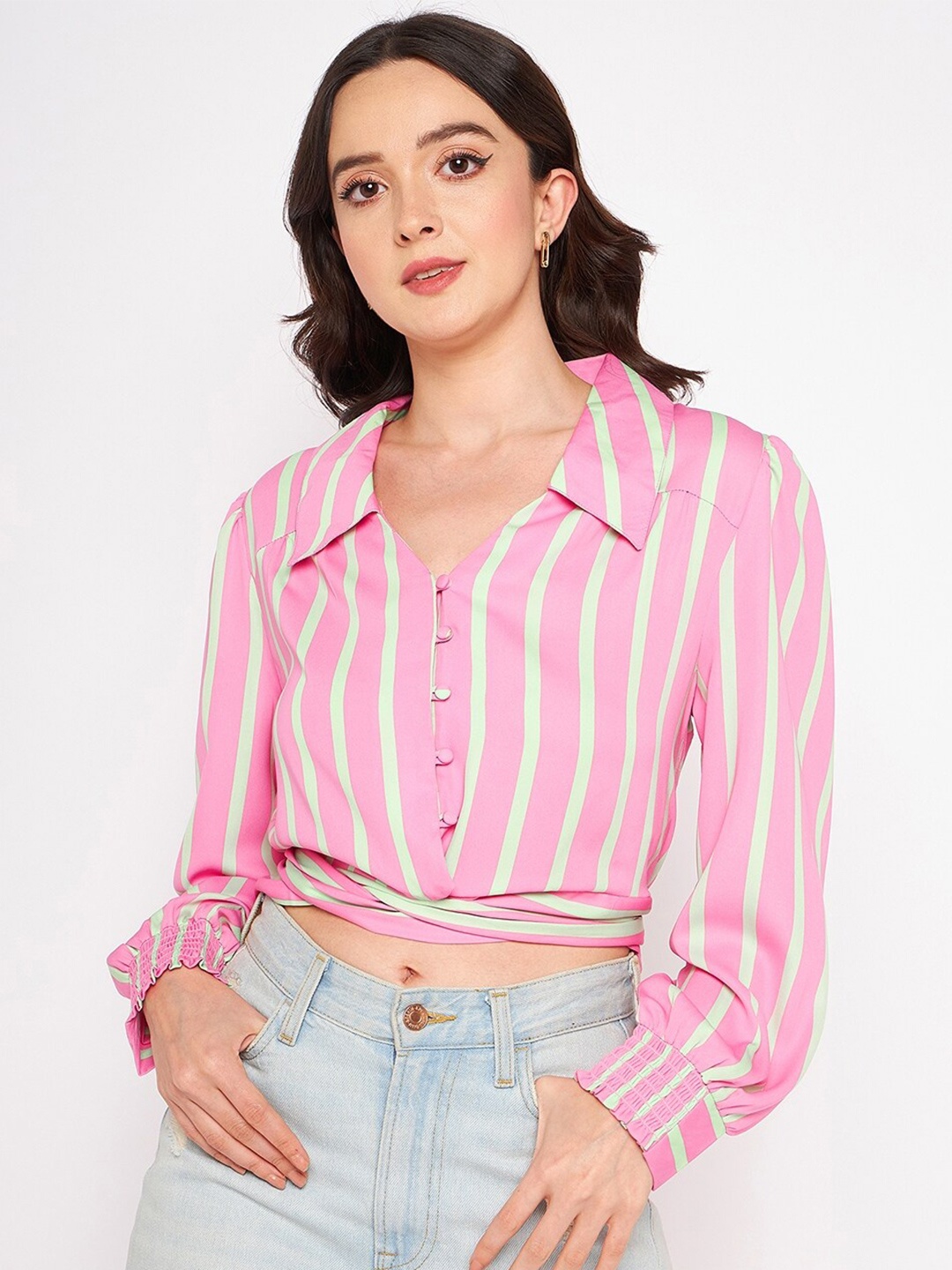 

Madame Opaque Striped Casual Shirt, Pink