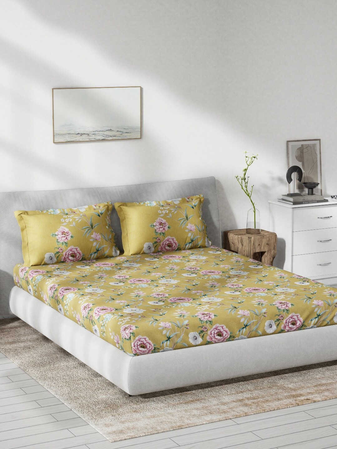 

DDecor Live Beautiful Yellow & Blue Floral 140 TC Cotton Queen Bedsheet & 2 Pillow Covers