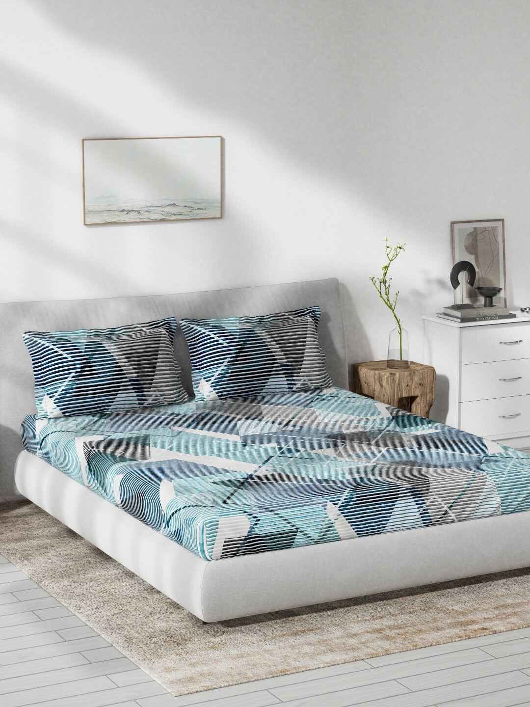 

DDecor Live Beautiful Blue & Grey Abstract 140 TC Cotton Queen Bedsheet & 2 Pillow Covers