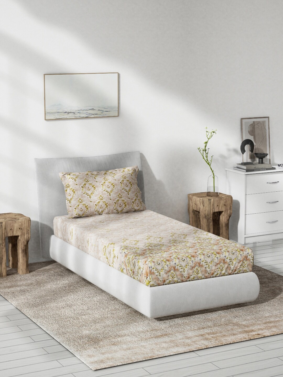 

DDecor Live Beautiful Beige & Green 140 TC Cotton Single Bedsheet & Pillow Cover