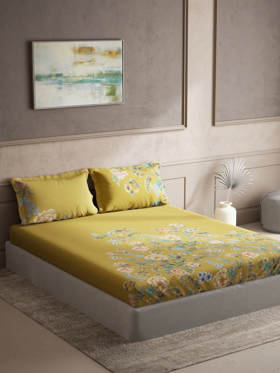 

DDecor Live Beautiful Yellow & Blue Floral 150 TC Cotton Queen Bedsheet & 2 Pillow Covers