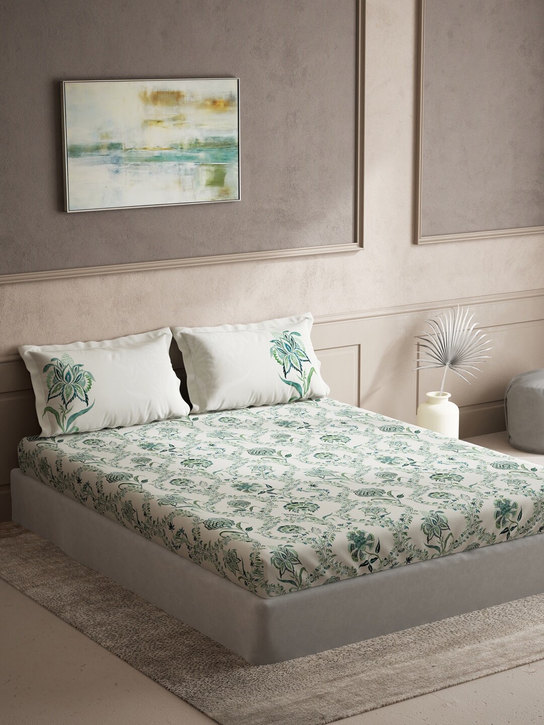 

DDecor Live Beautiful Green & White Floral 144 TC Cotton King Bedsheet & 2 Pillow Covers