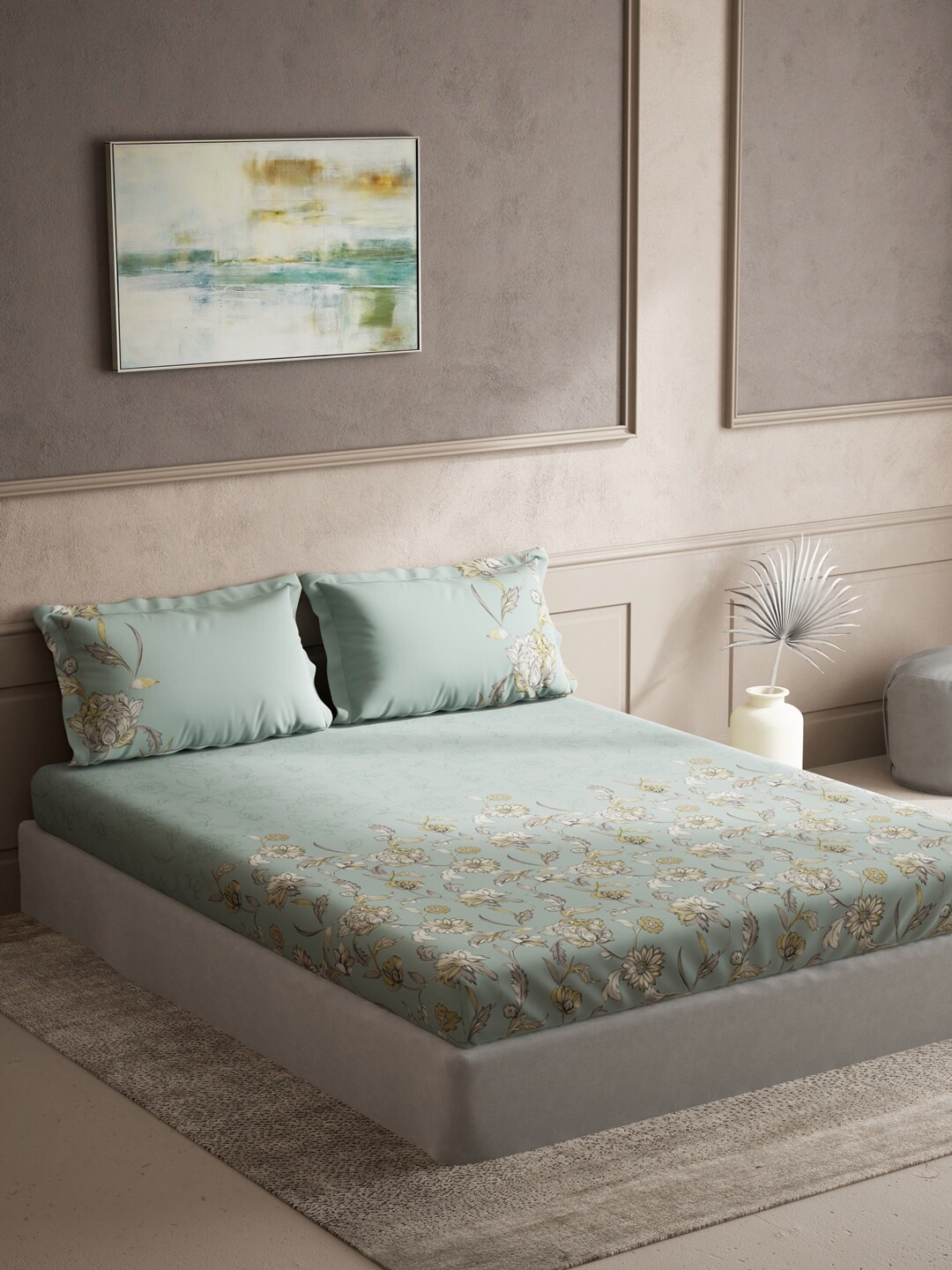 

DDecor Live Beautiful Green & Mustard Floral 140 TC Cotton King Bedsheet & 2 Pillow Covers