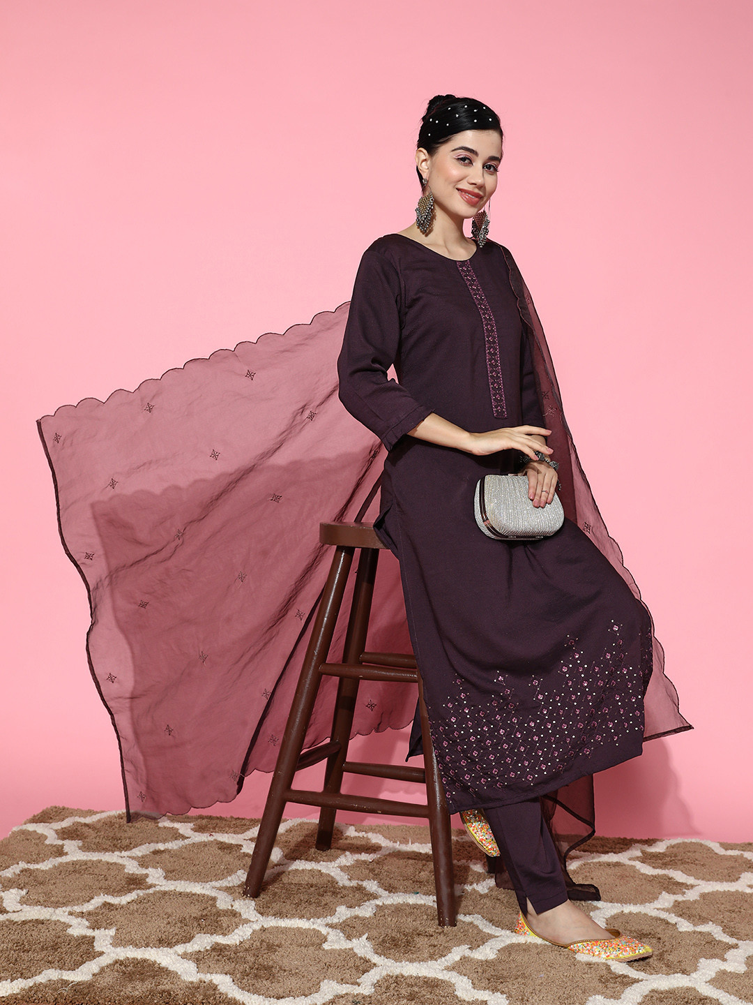 

Sangria Floral Embroidered Regular Sequinned Kurta with Trousers & Dupatta, Burgundy