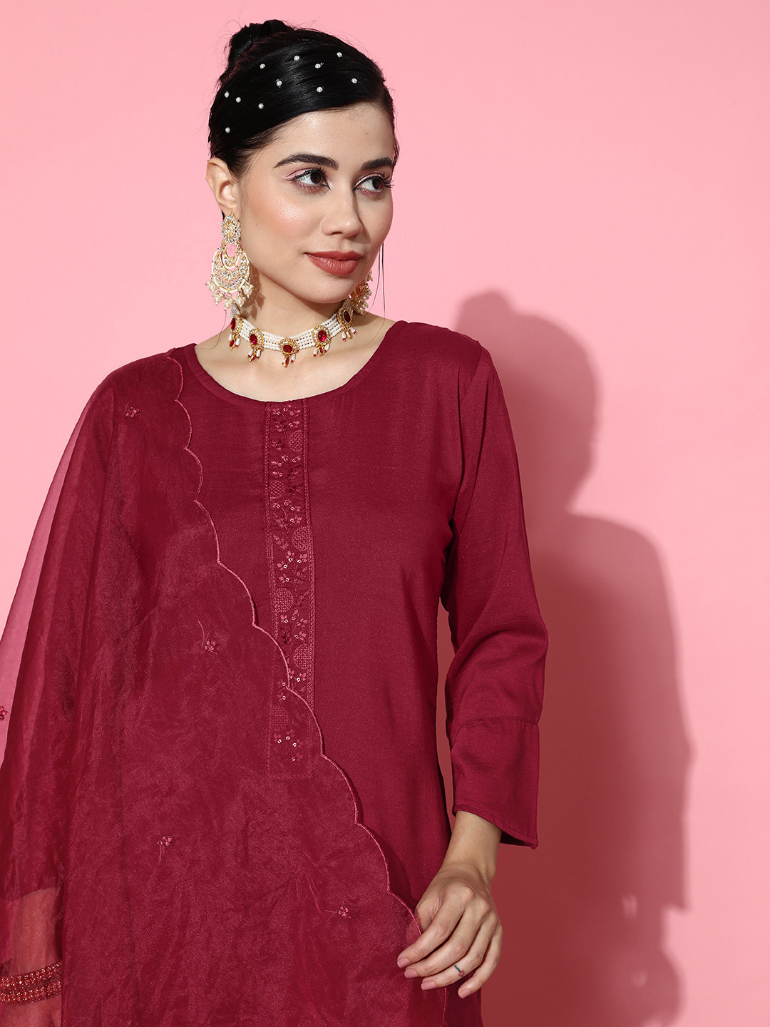 

Sangria Floral Embroidered Regular Sequinned Kurta with Trousers & Dupatta, Maroon