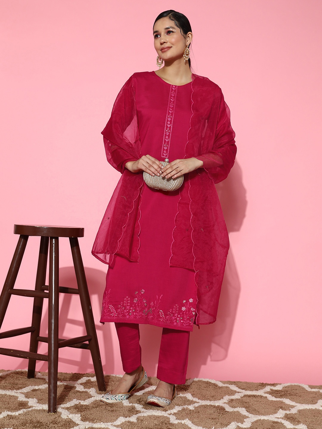 

Sangria Floral Embroidered Regular Sequinned Kurta with Trousers & Dupatta, Magenta
