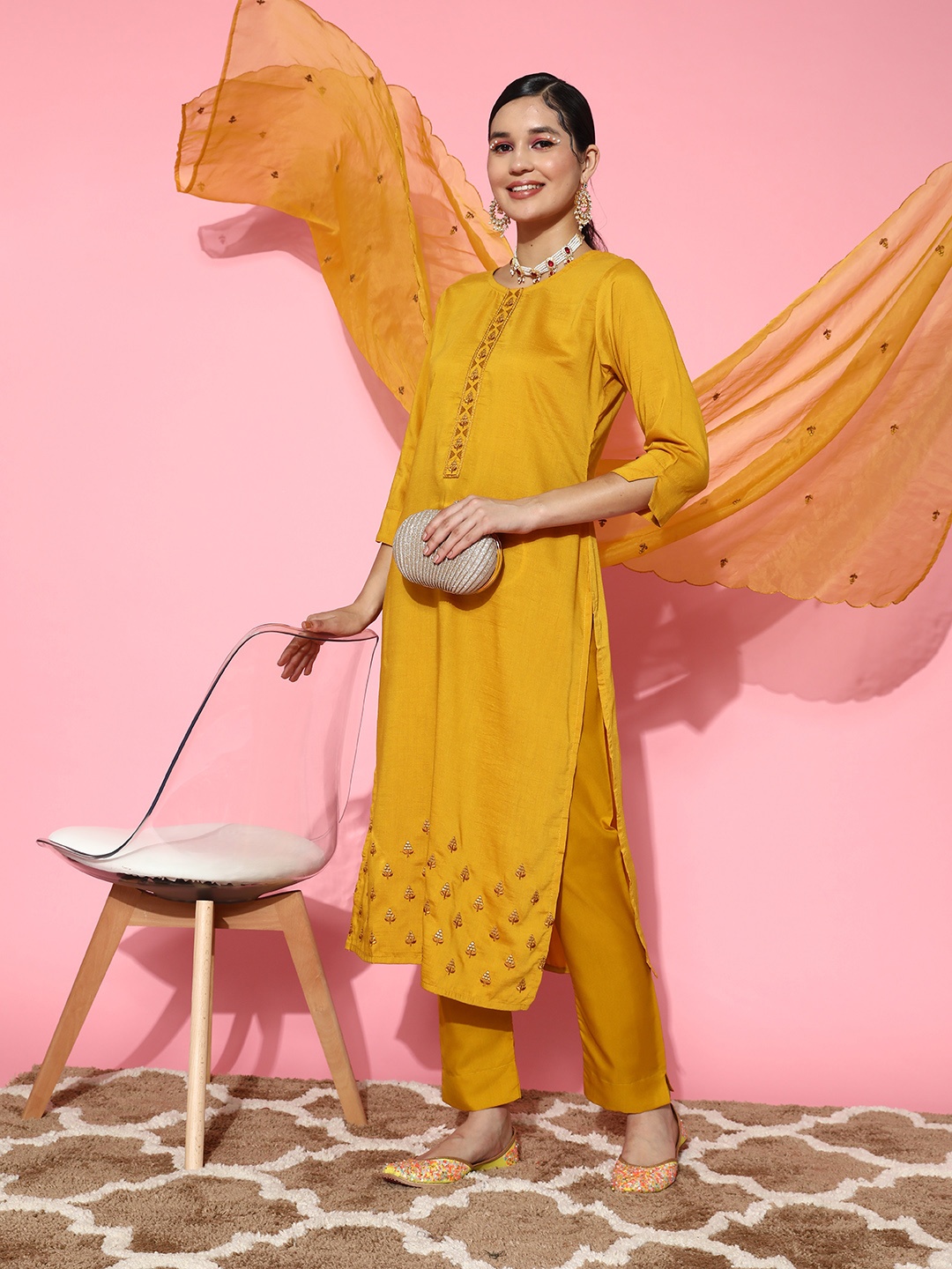 

Sangria Floral Embroidered Regular Sequinned Kurta with Trousers & Dupatta, Yellow