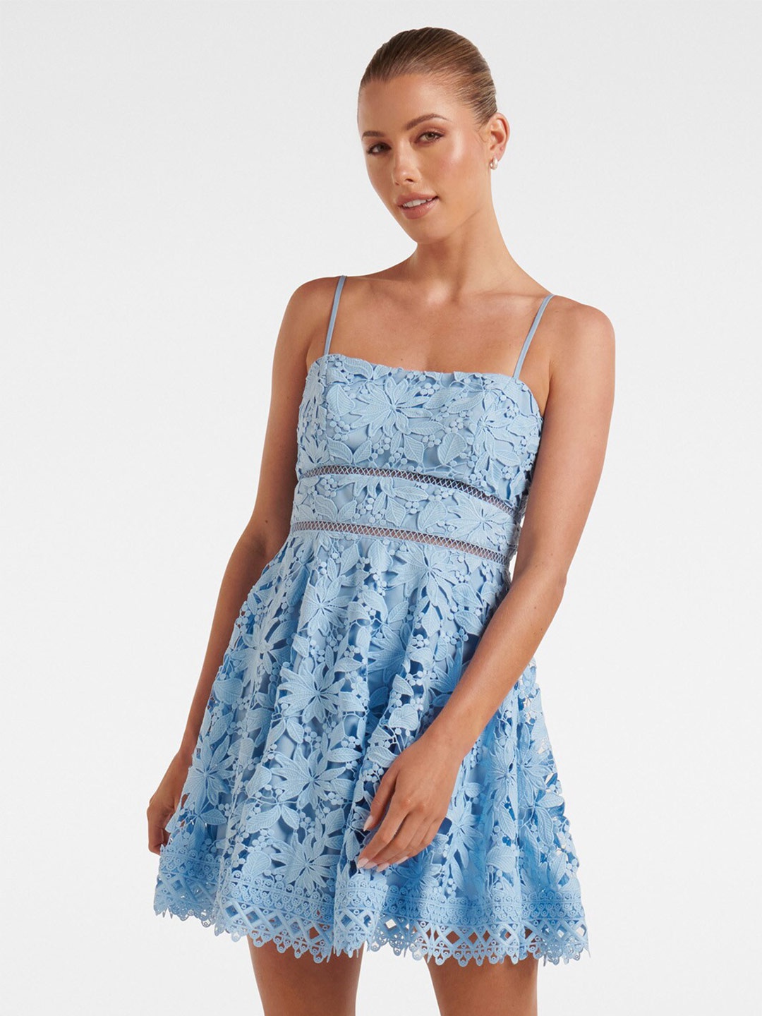 

Forever New Lace Fit & Flare Mini Dress, Blue